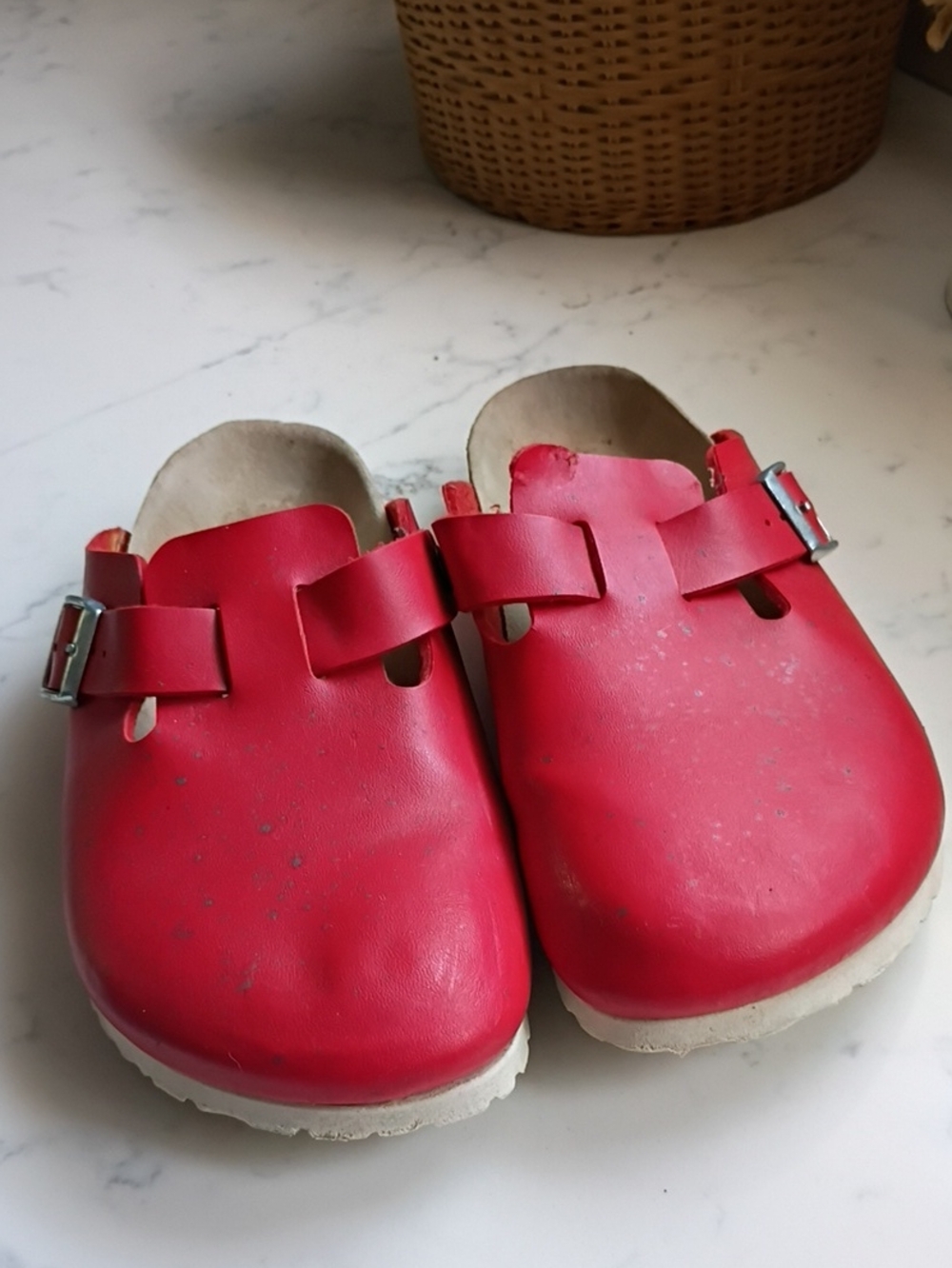 BIRKIS  women's Red Slip-On Buckle Clog Shoes